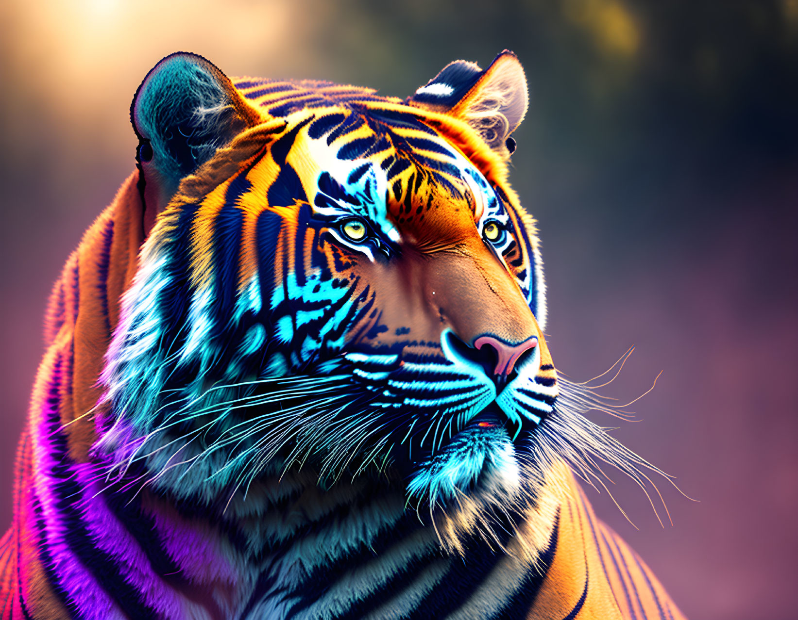 Vividly Striped Tiger with Intense Gaze on Blurred Background