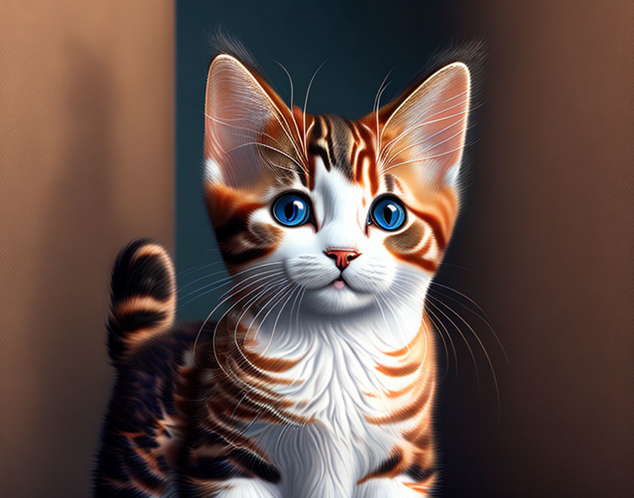 Vivid orange and white striped kitten with blue eyes on brown background