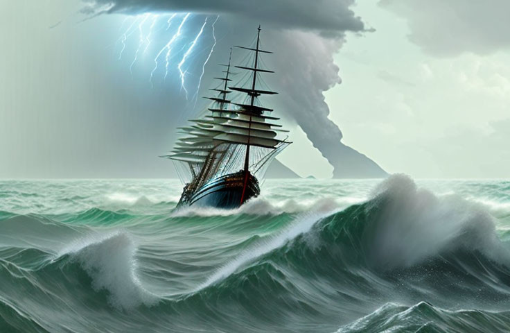 Tall ship in stormy seas with lightning and large waves