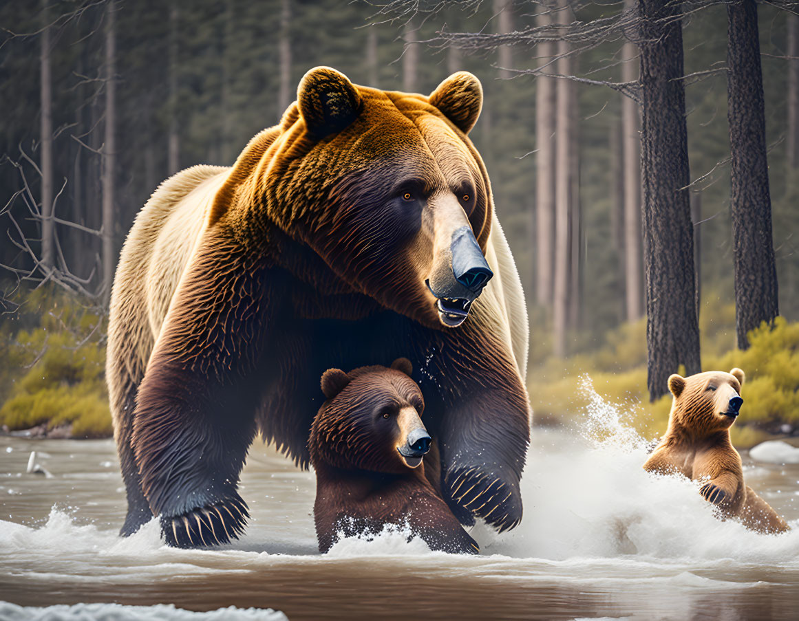 Brown bear leads two cubs across river in forest landscape