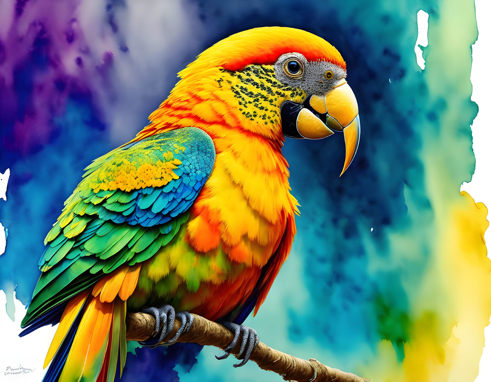 Colorful Parrot Illustration on Branch Against Watercolor Background