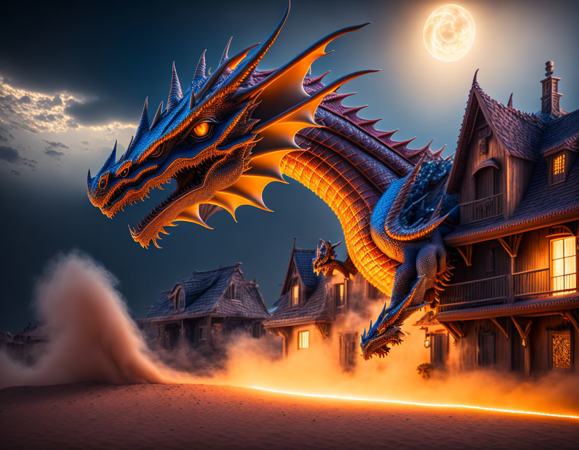 Blue dragon hovers over village at night with glowing windows