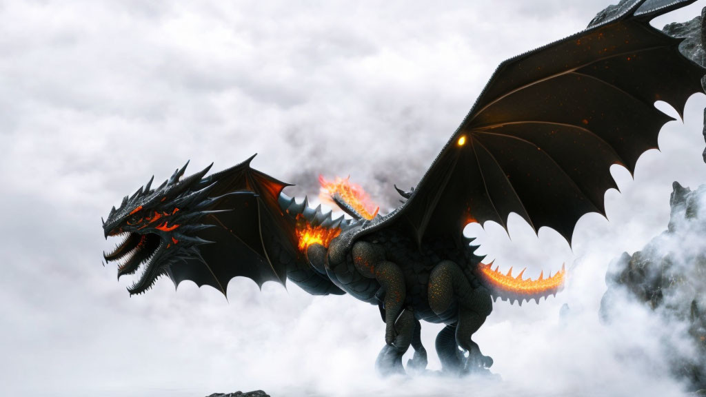 Black Dragon with Glowing Eyes and Fire Breathing in Clouds