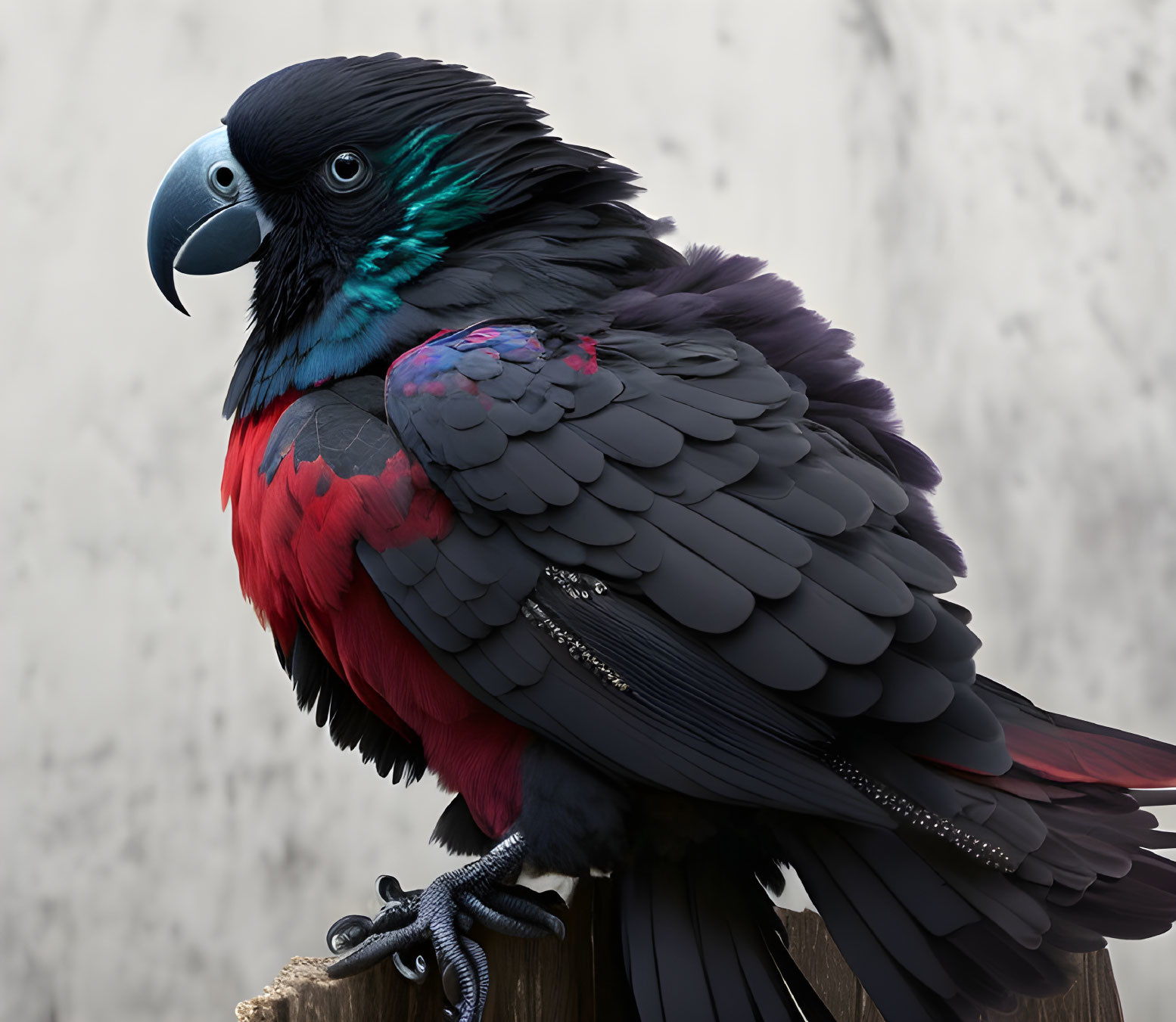 Colorful bird with black beak and transitioning feathers on neutral backdrop