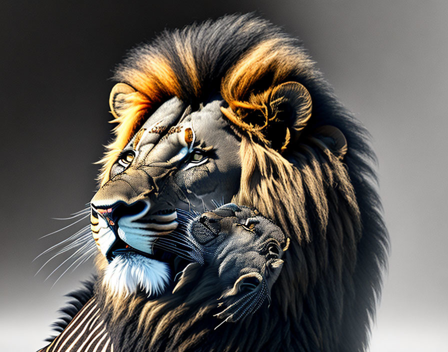 Vibrant lion art with natural colors transitioning to zebra stripes