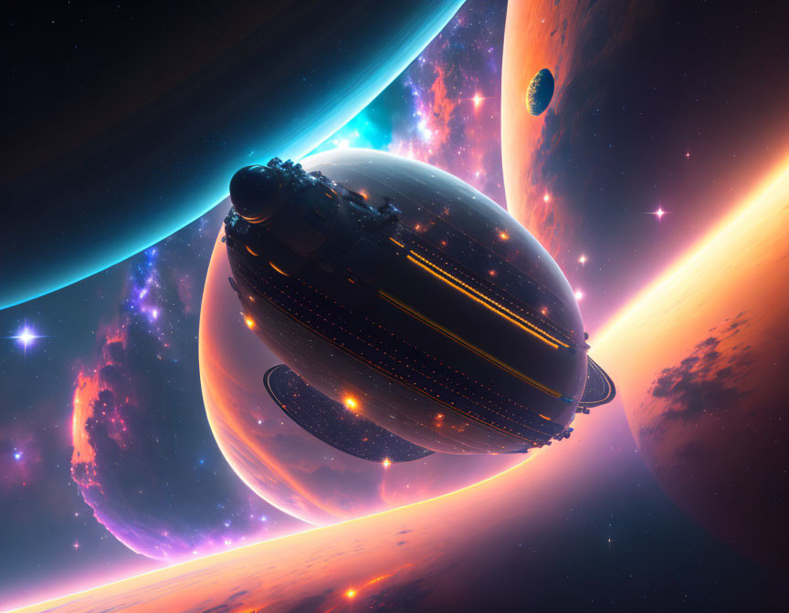 Futuristic spaceship in vibrant space with planets and glowing nebula