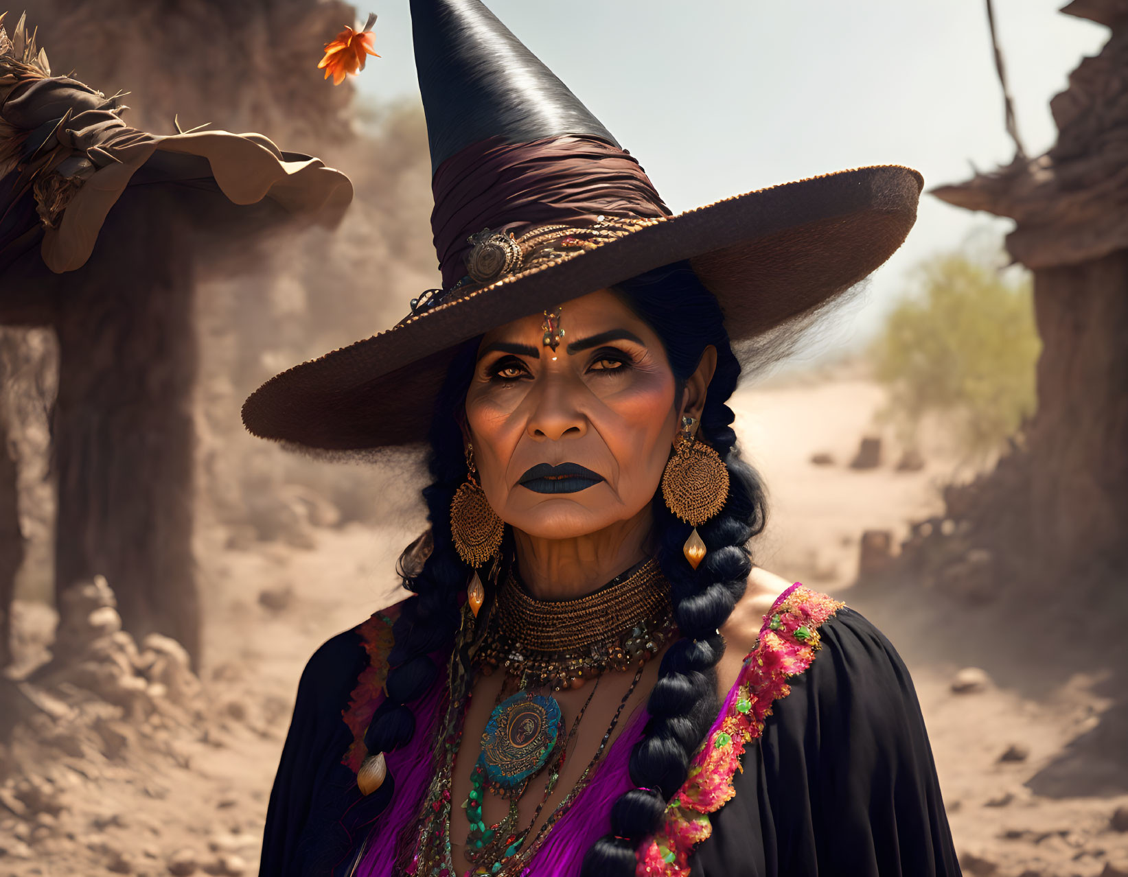 Woman in witch costume with pointed hat and beads in dusty setting