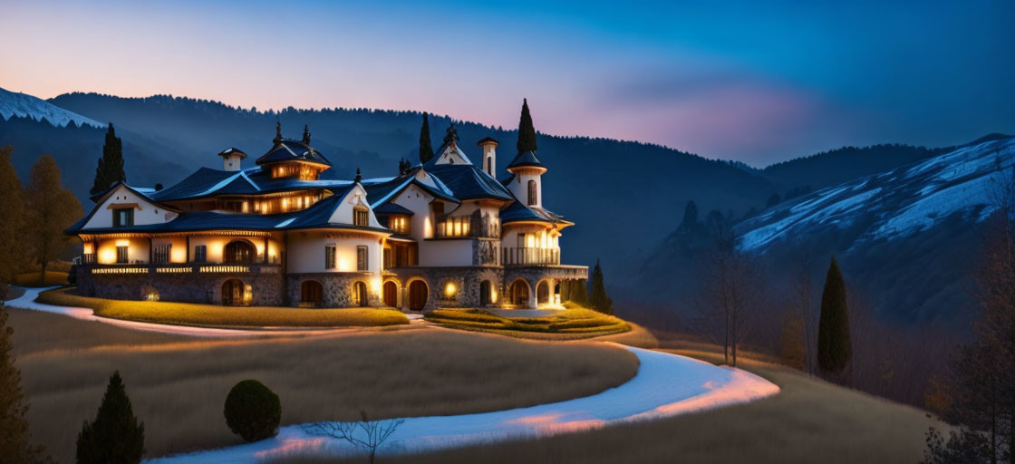 Luxurious Mansion with Illuminated Windows in Twilight Landscape