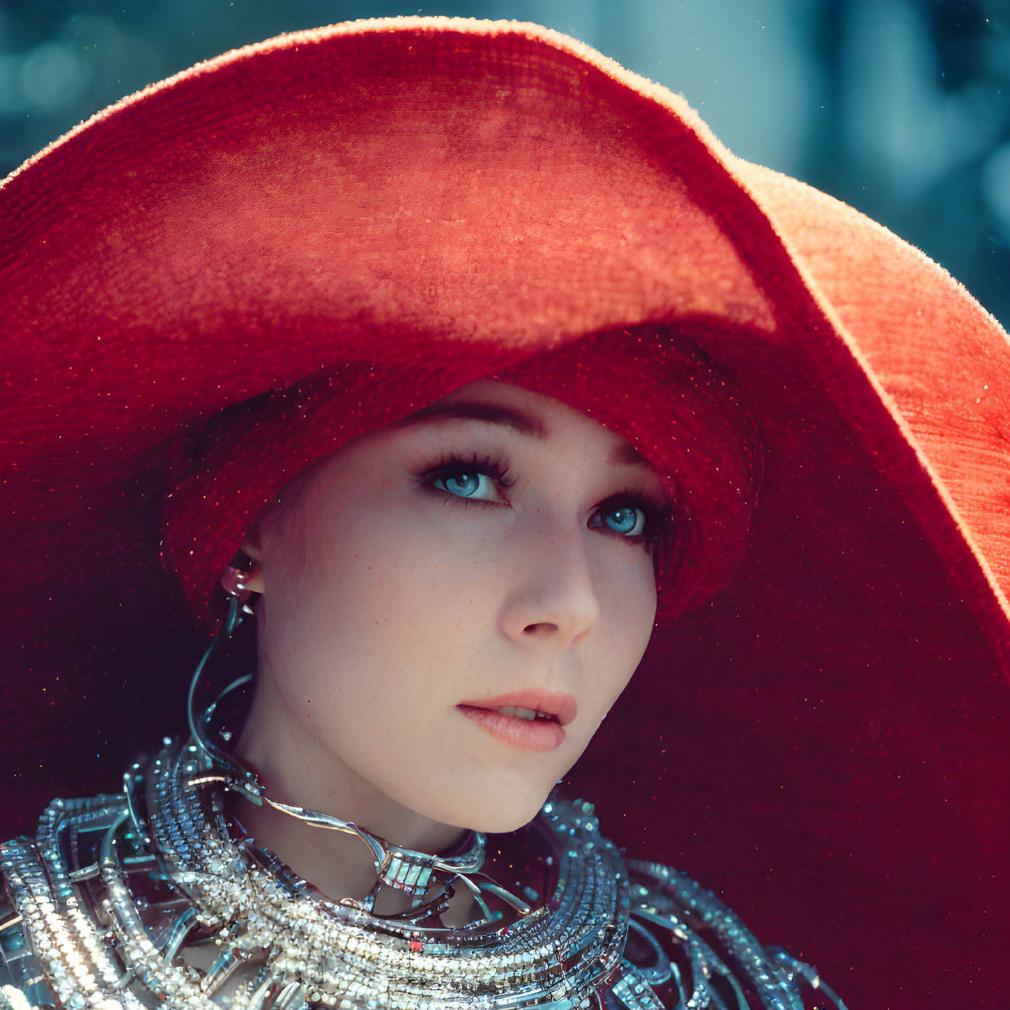 Woman with captivating blue eyes in large red hat and silver necklaces against snow-dotted backdrop.