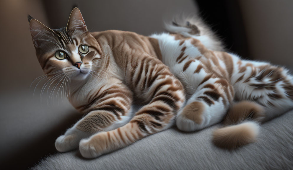 Brown and White Striped Cat with Large Eyes Lounging on Soft Surface