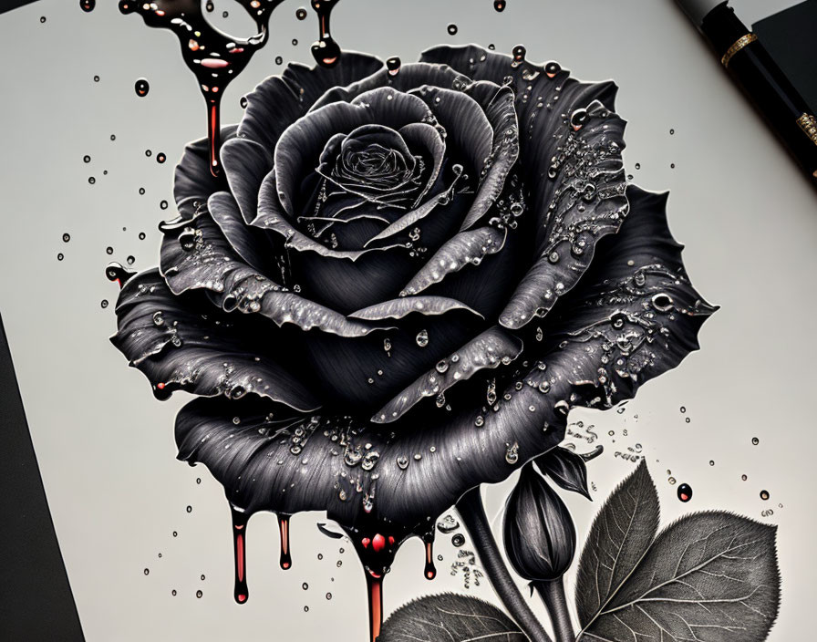 Dark rose with water droplets and red ink splashes on light background with drawing pen.