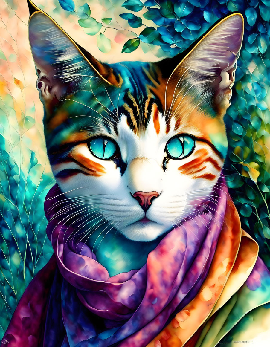 Vibrant Cat Illustration with Blue Eyes and Colorful Scarf