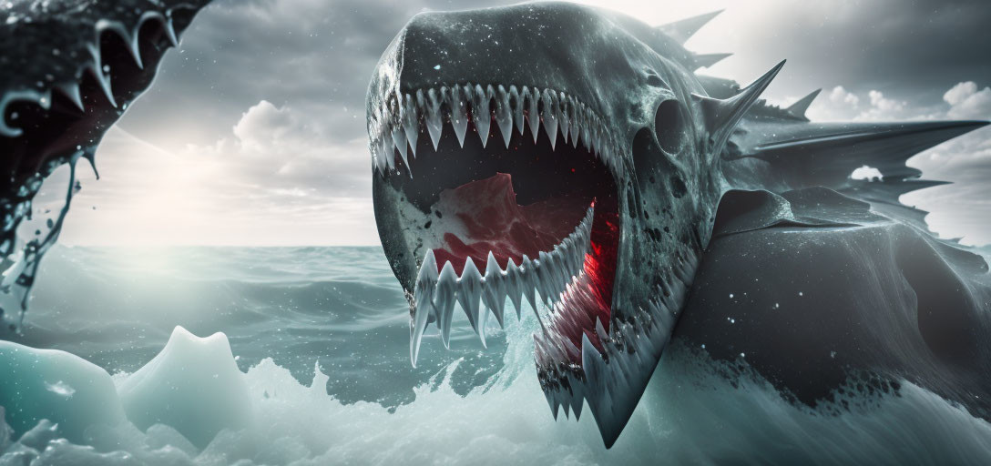 CGI shark with sharp teeth emerges from stormy ocean