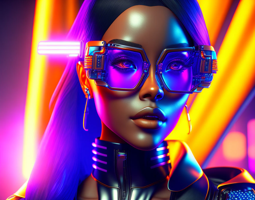 Digital art portrait featuring woman with cyberpunk glasses and neon lights