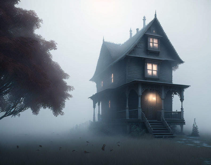 Victorian house in fog with warm glowing lights and misty scenery