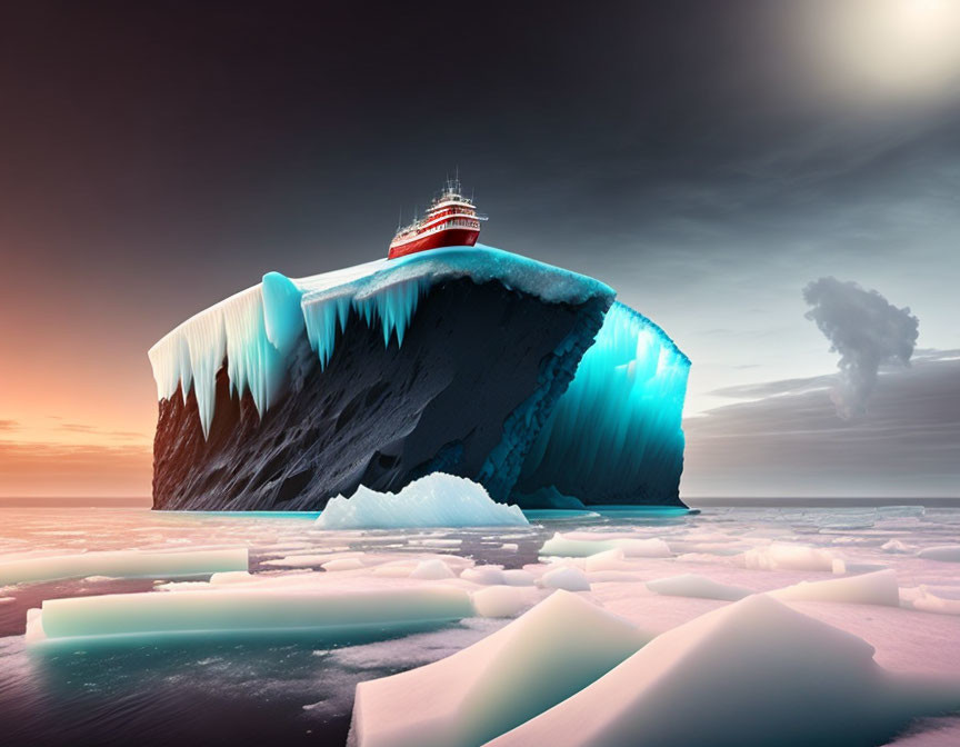 Ship on Massive Iceberg with Ice Chunks in Water at Sunset or Sunrise