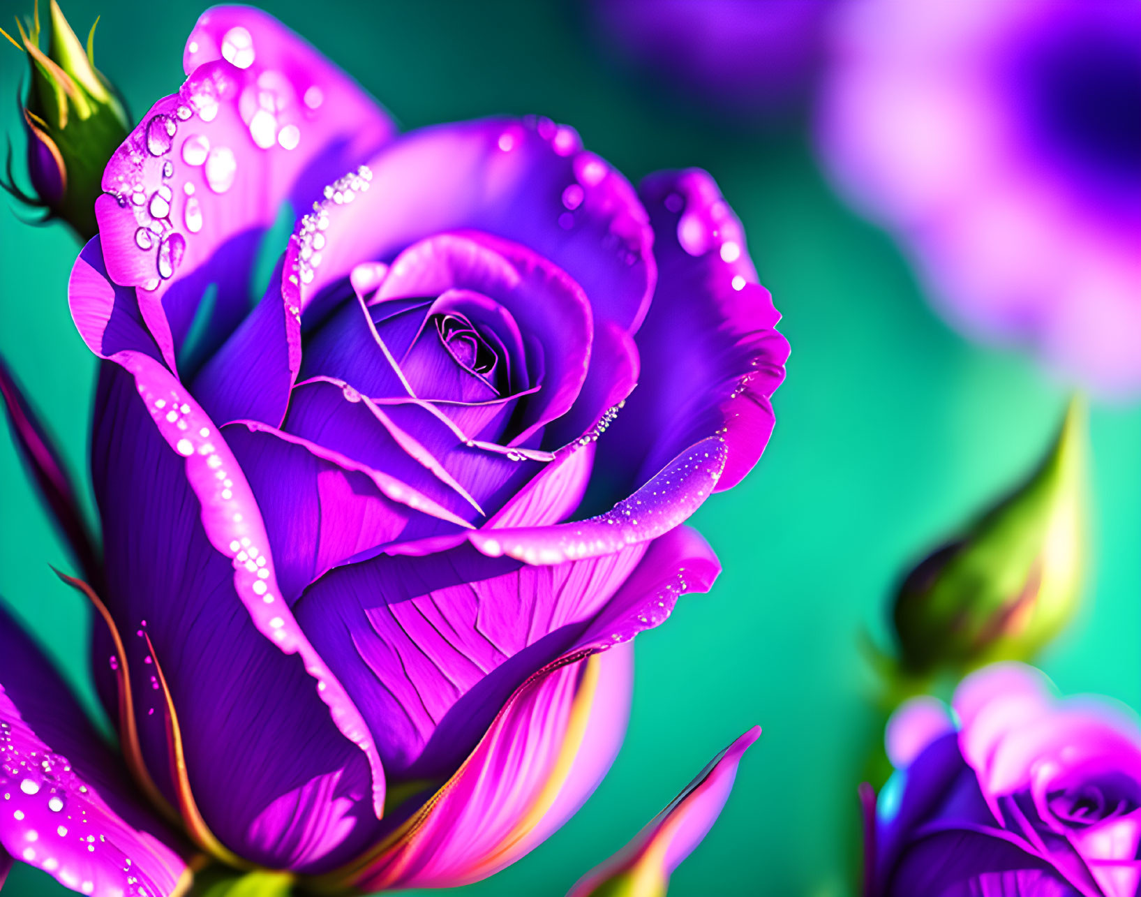 Vibrant Purple Rose with Dewdrops on Petals in Green and Purple Background