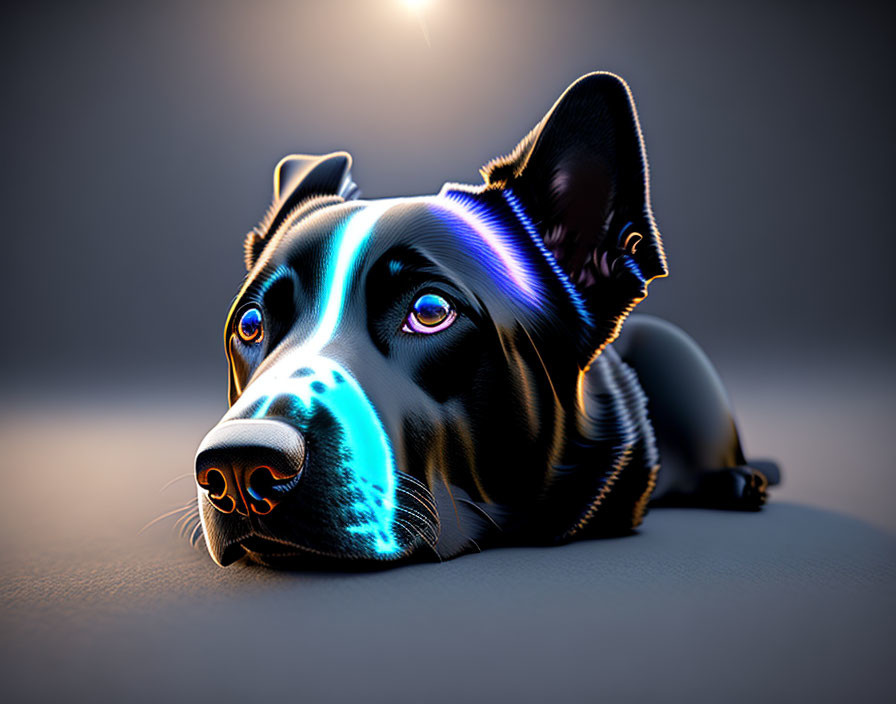 Futuristic digital artwork: Lying dog with glossy black fur and neon blue stripes