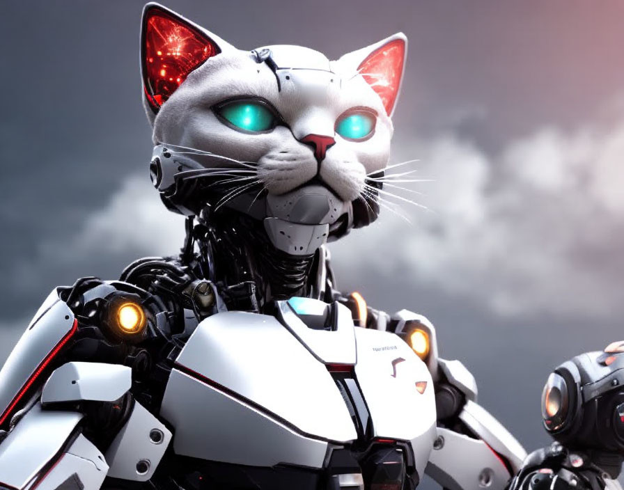 Realistic Robotic Cat with Glowing Red Eyes in Moody Sky Setting