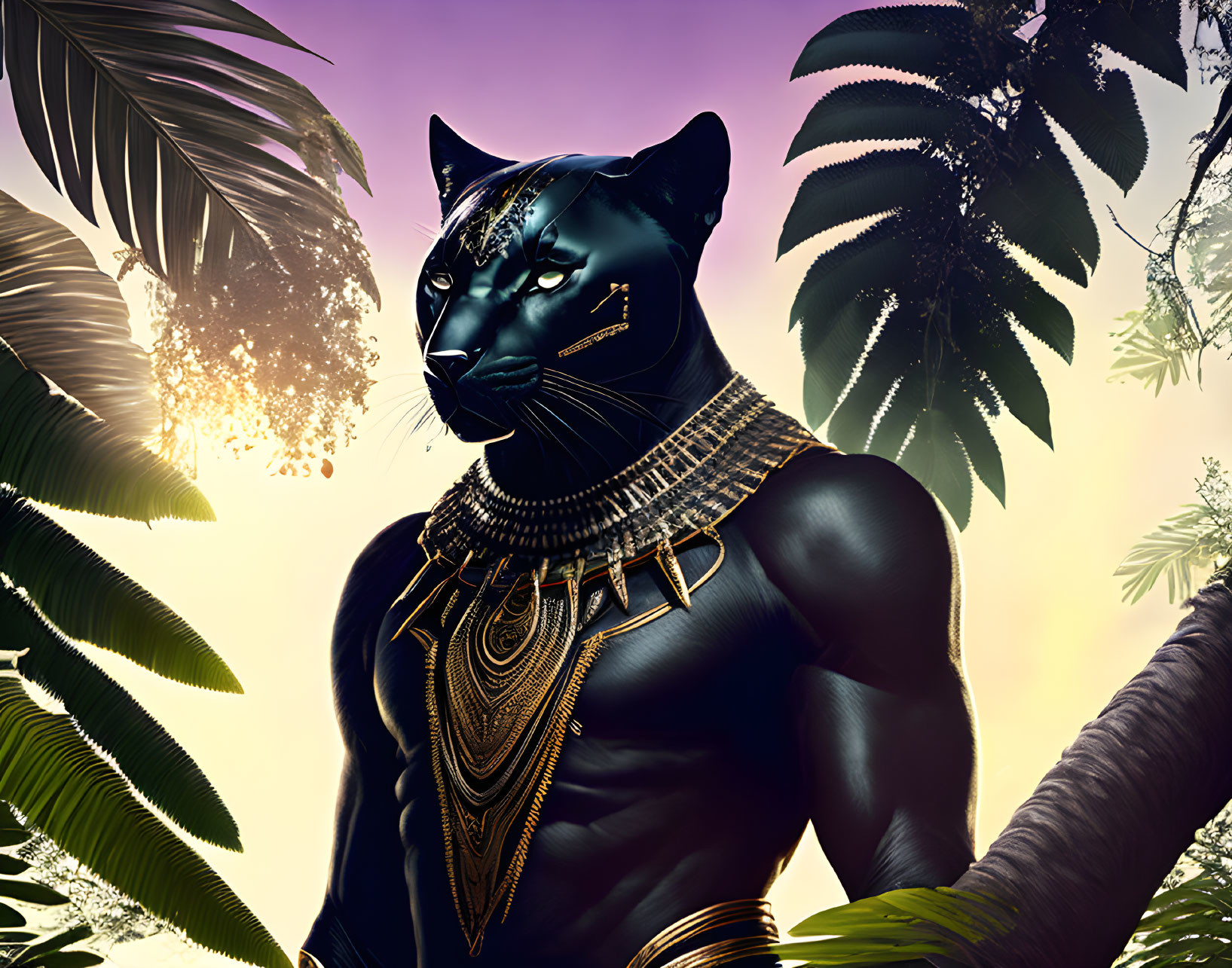 Digital art: Humanoid black panther with golden necklace in sunset jungle.