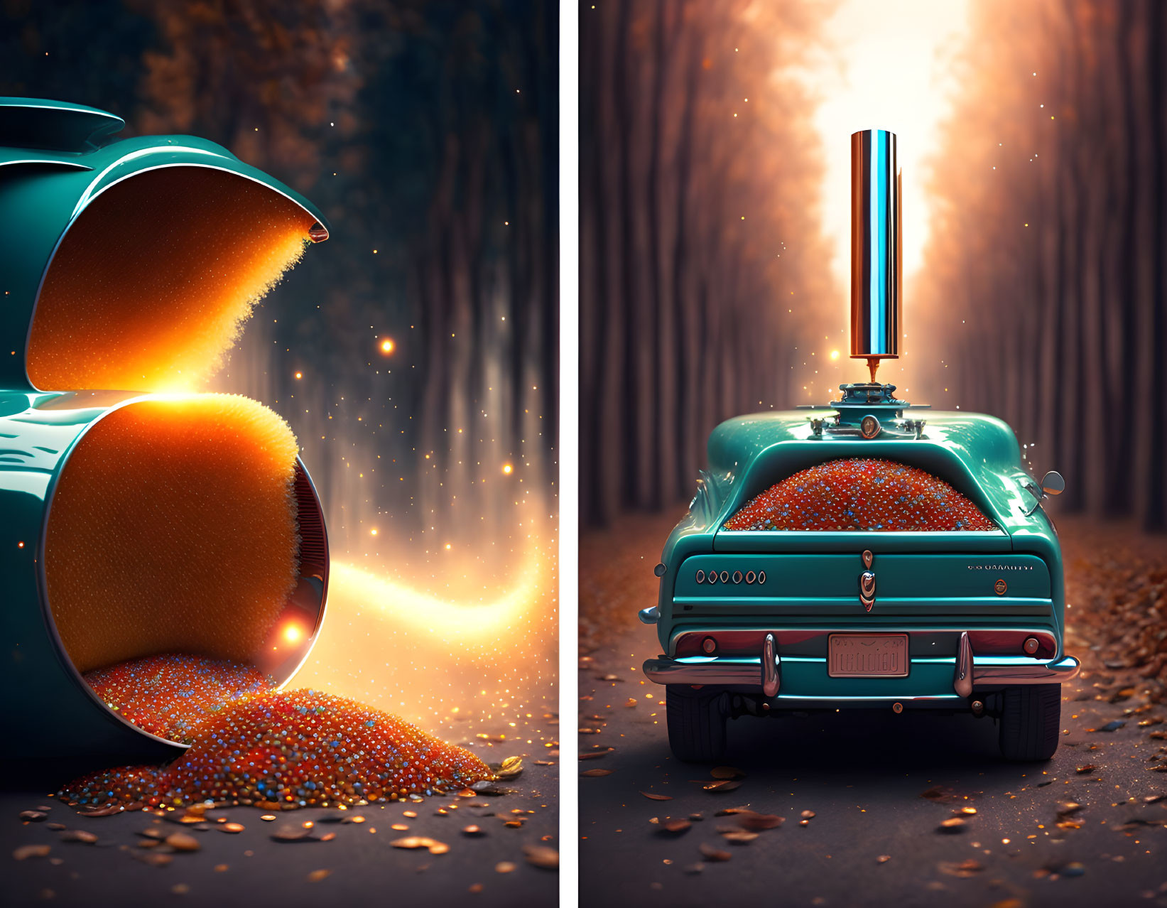 Vintage car in autumn forest with colorful orbs and glowing light.