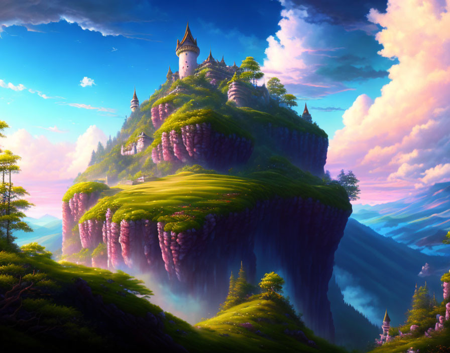 Majestic floating island with castle, cliffs, waterfalls, and lush greenery