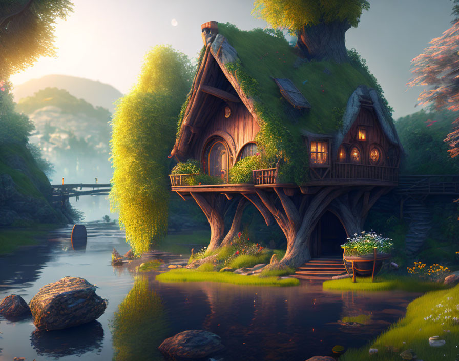 Riverside treehouse with thatched roof and wooden bridge in lush surroundings at sunrise