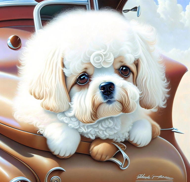 Stylized painting of white and beige poodle in vintage brown suitcase