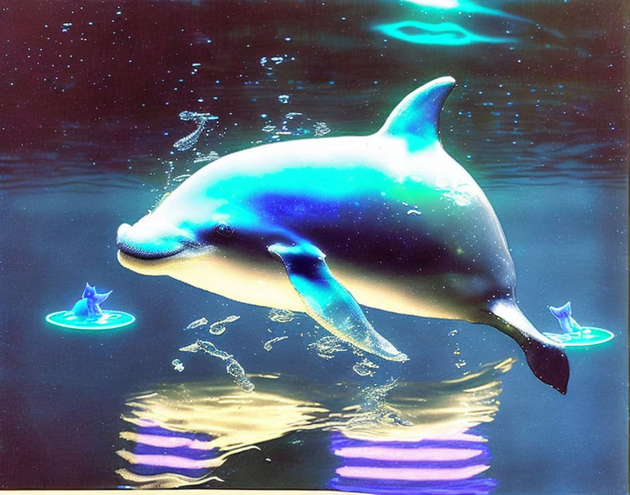 Digital artwork: Glowing dolphin swimming underwater with reflections and silhouettes