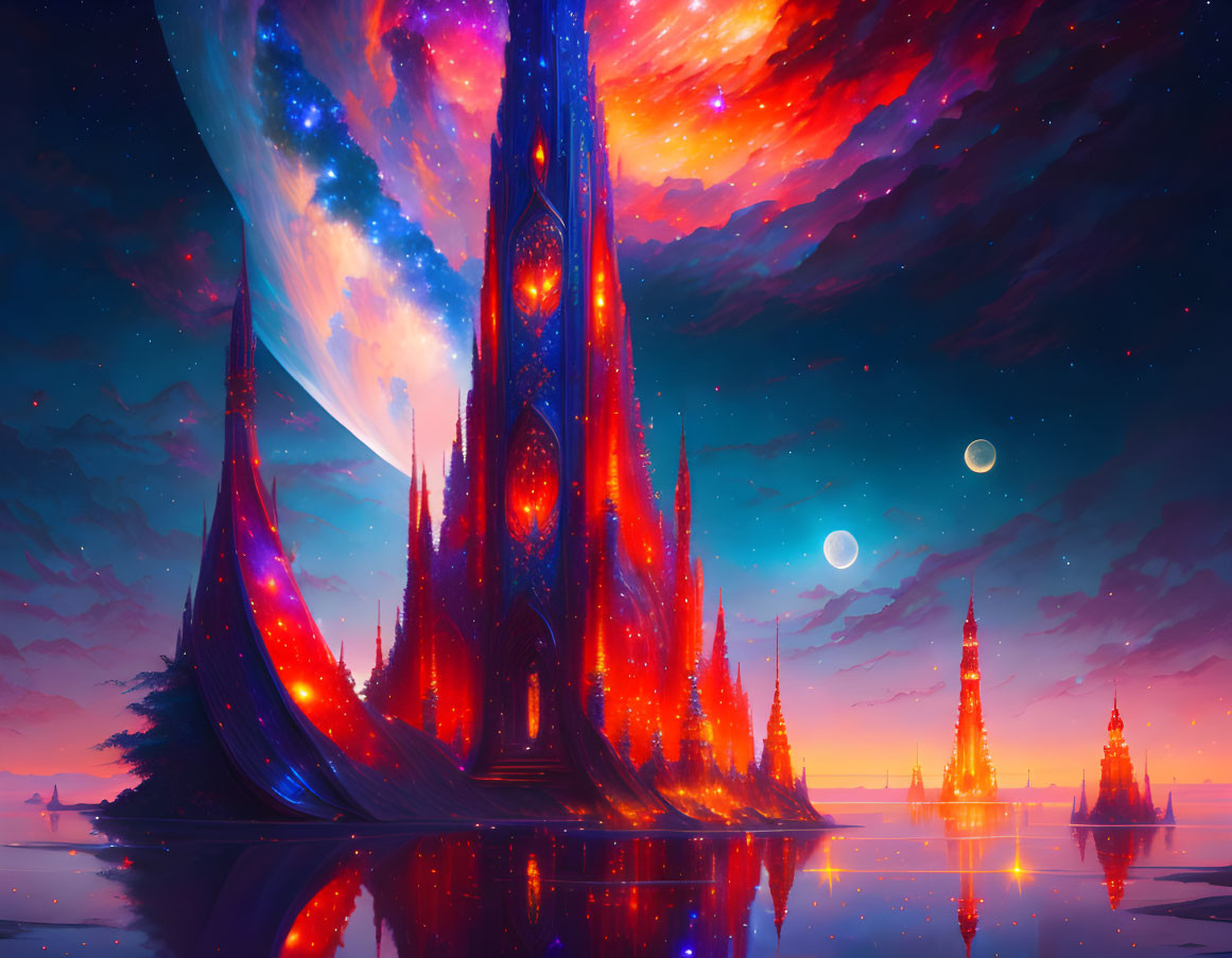 Fantastical landscape with towering spires and colorful nebula