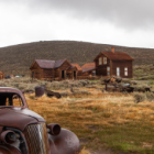 Deserted Western ghost town with dilapidated buildings