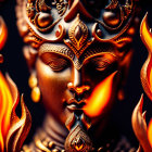 Detailed sculpture of deity with ornate headgear and jewelry, surrounded by fiery flames