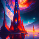 Fantastical landscape with towering spires and colorful nebula