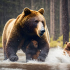 Brown bear leads two cubs across river in forest landscape