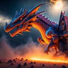 Blue dragon hovers over village at night with glowing windows