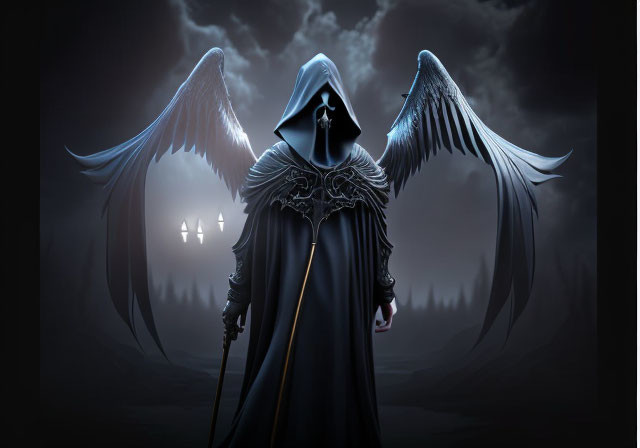 Hooded Figure with Wings and Glowing Mask in Dark Fantasy Landscape