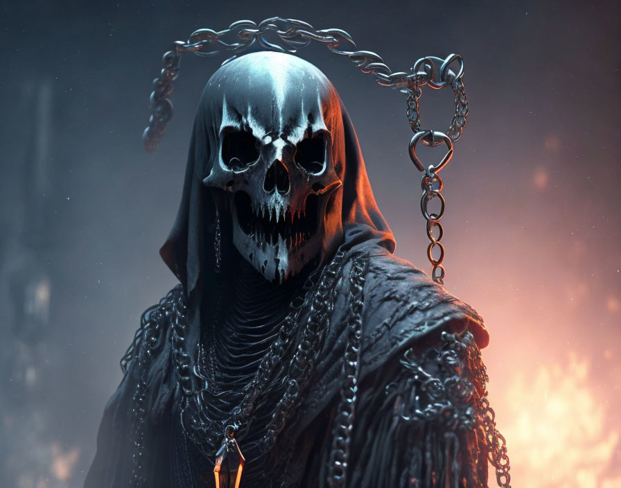 Skull-faced figure in dark cloak with chains against fiery backdrop