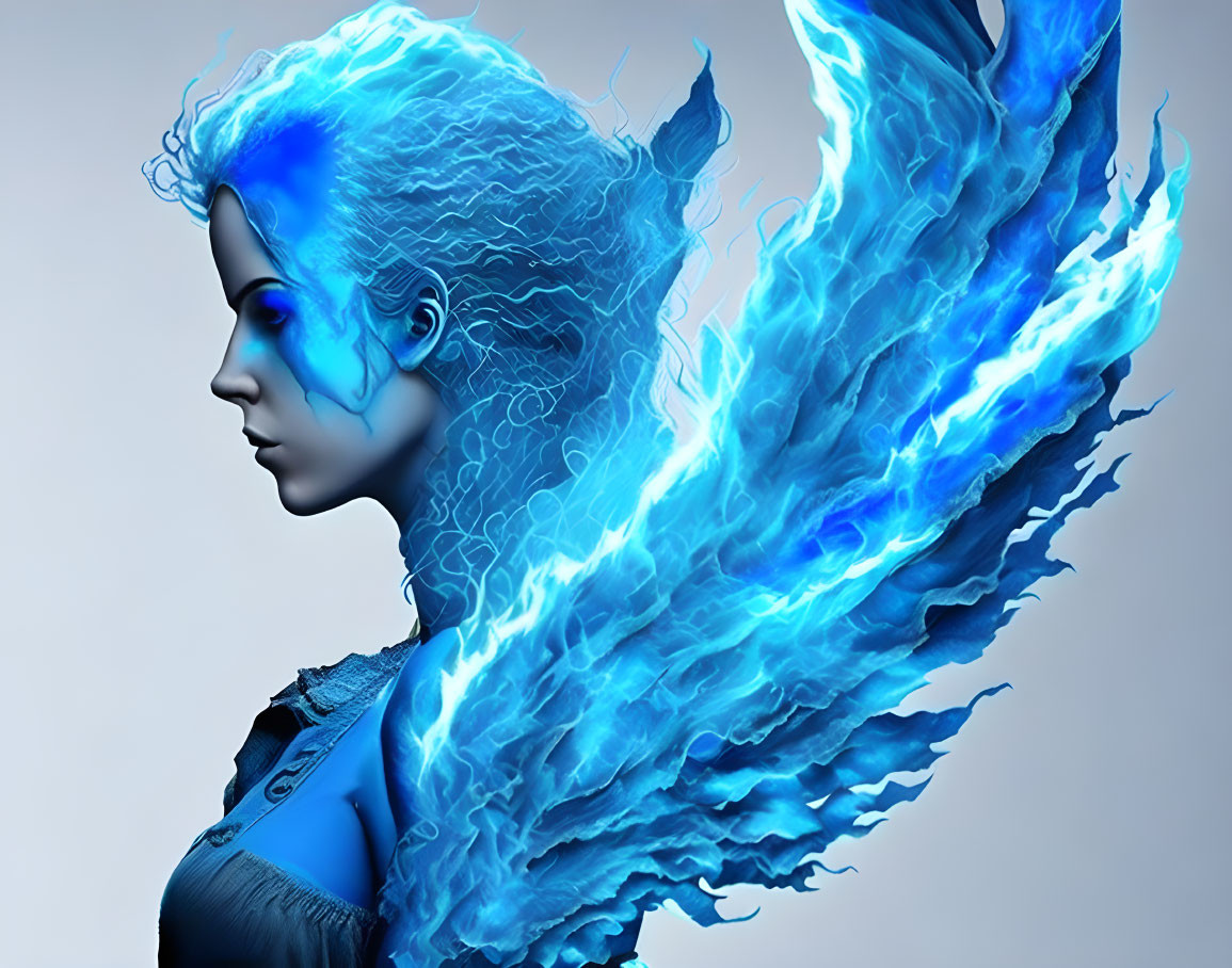 Woman with Blue Flaming Hair and Fiery Wing Effect on Grey Background