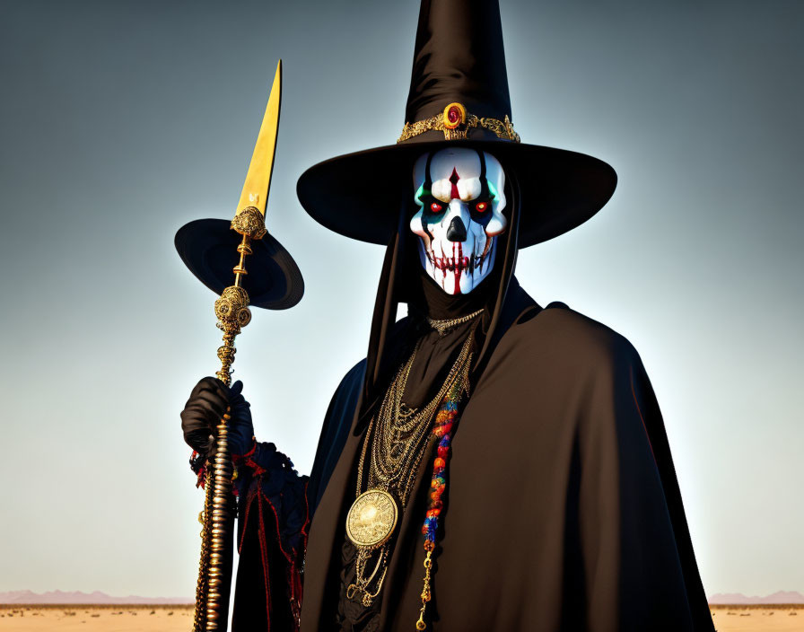 Mysterious figure in black cloak with skull mask and spear in desert setting