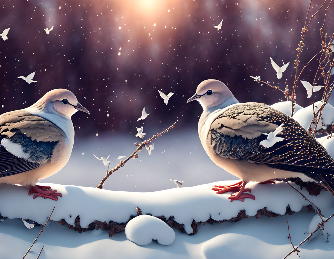 Illustrated doves on snowy branch with white butterflies under starry twilight sky