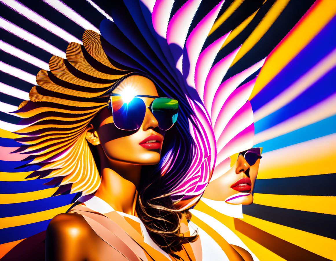 Stylized women with flowing hair and sunglasses on vibrant striped background