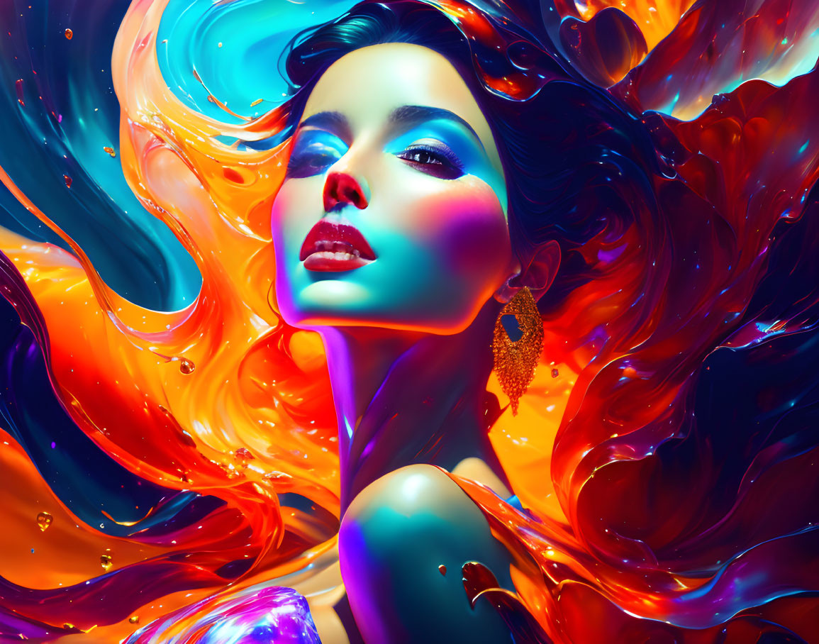 Colorful digital artwork: Woman in swirling abstract blues, oranges, and reds