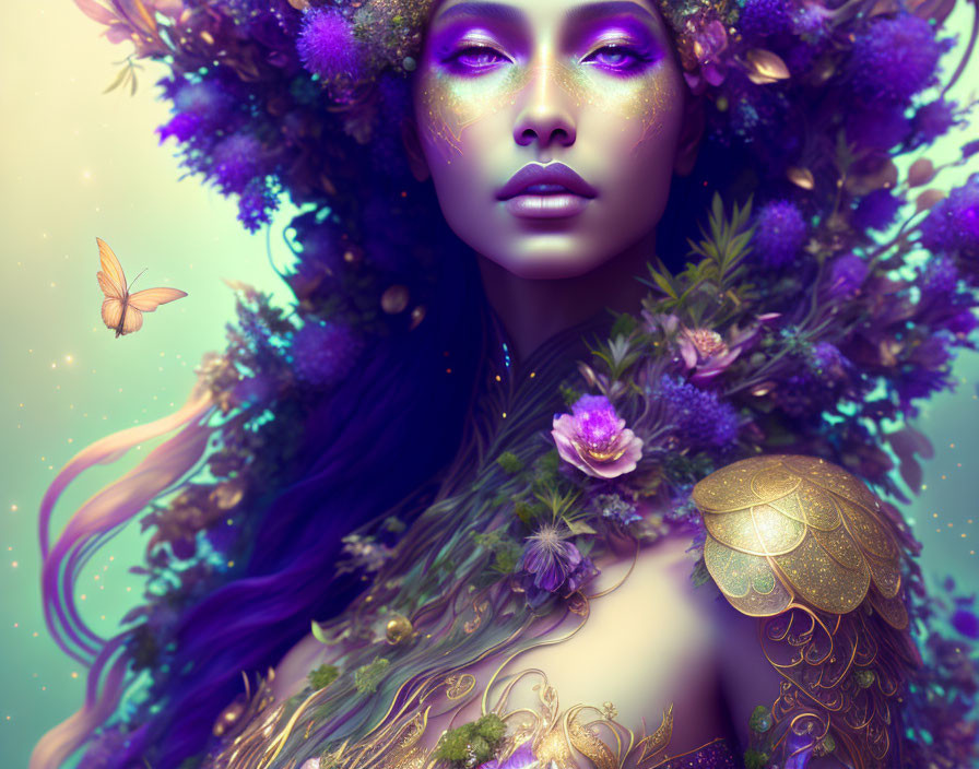 Whimsical artwork: Woman with purple flowers, golden armor, butterfly, colorful background