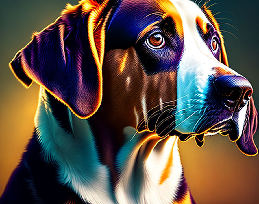 Vivid close-up of a colorful dog with focused gaze and drool