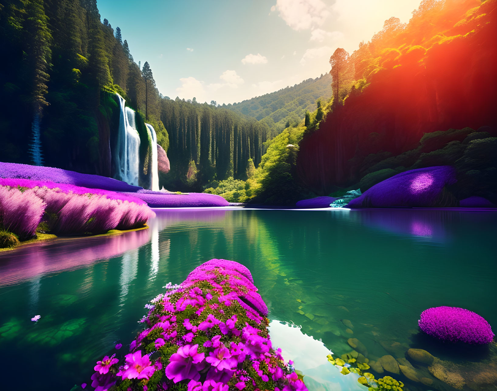 Scenic landscape with waterfall, trees, lake, and colorful flora under sunny sky