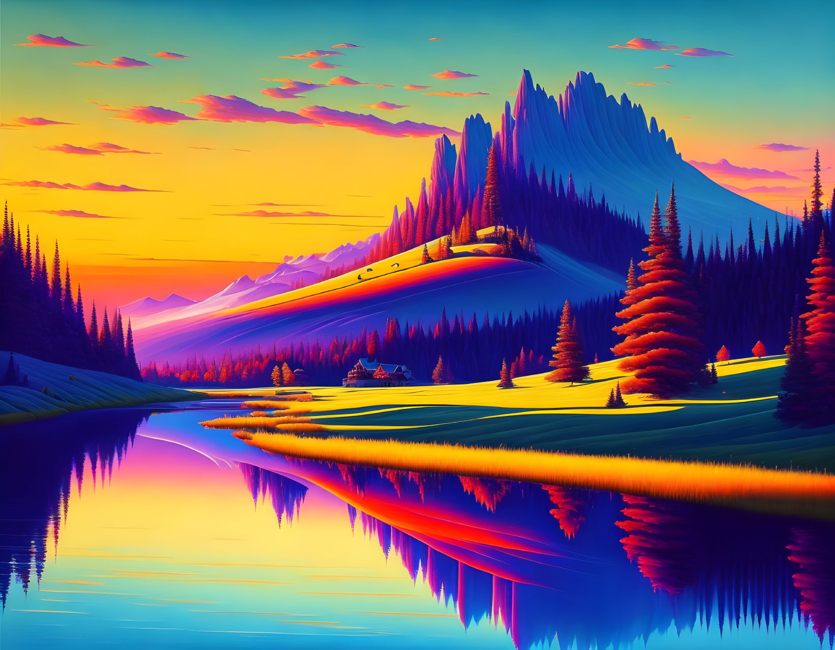 Surreal landscape with reflective river and vivid sunset