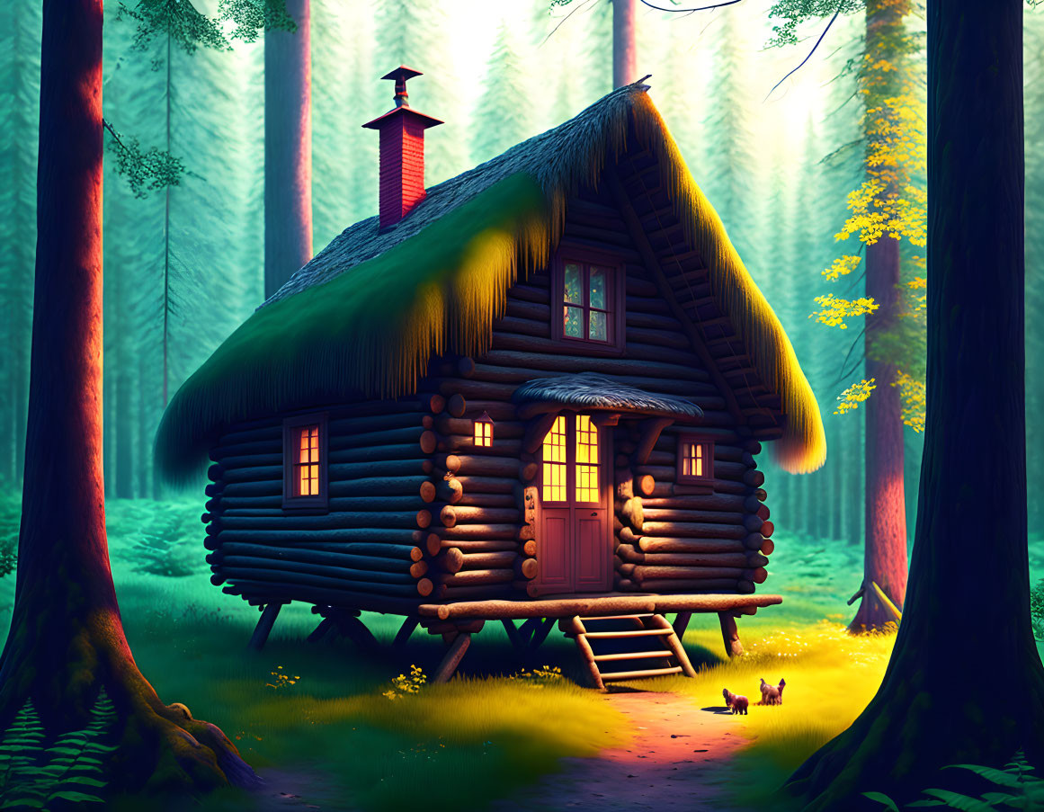 Enchanting log cabin with mossy roof in magical forest at twilight