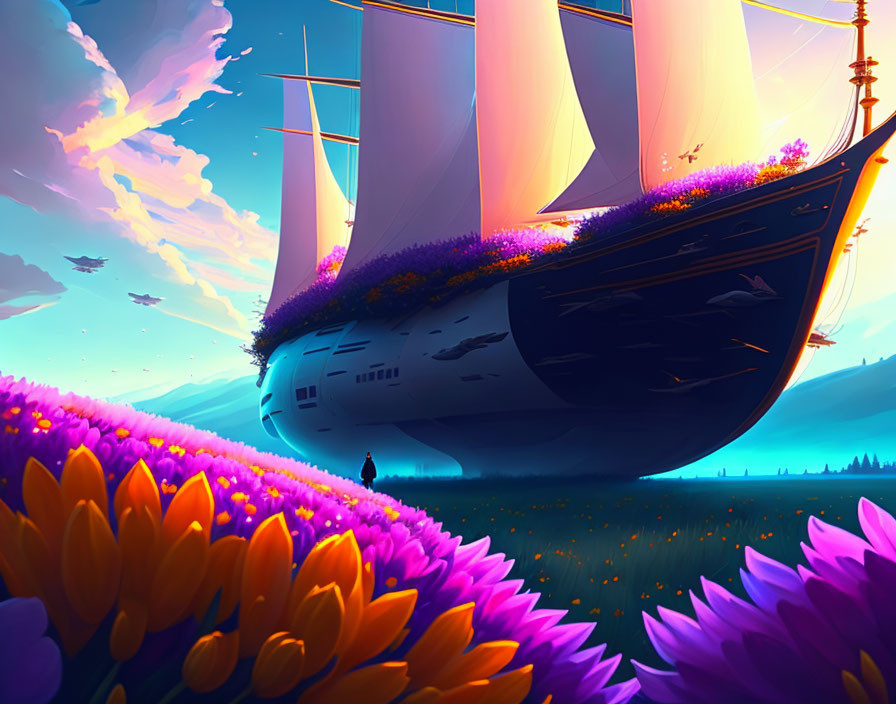 Digital artwork: Giant ship with sails floating over purple and orange flower field