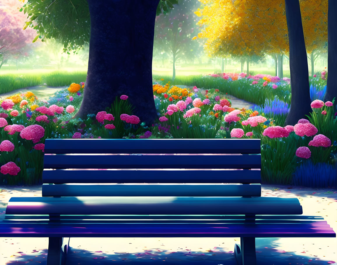 Tranquil park bench amidst vibrant flowers and trees