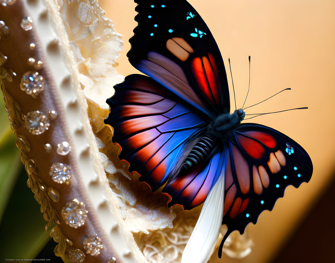 Colorful Butterfly on White Flower with Water Droplets in Nature